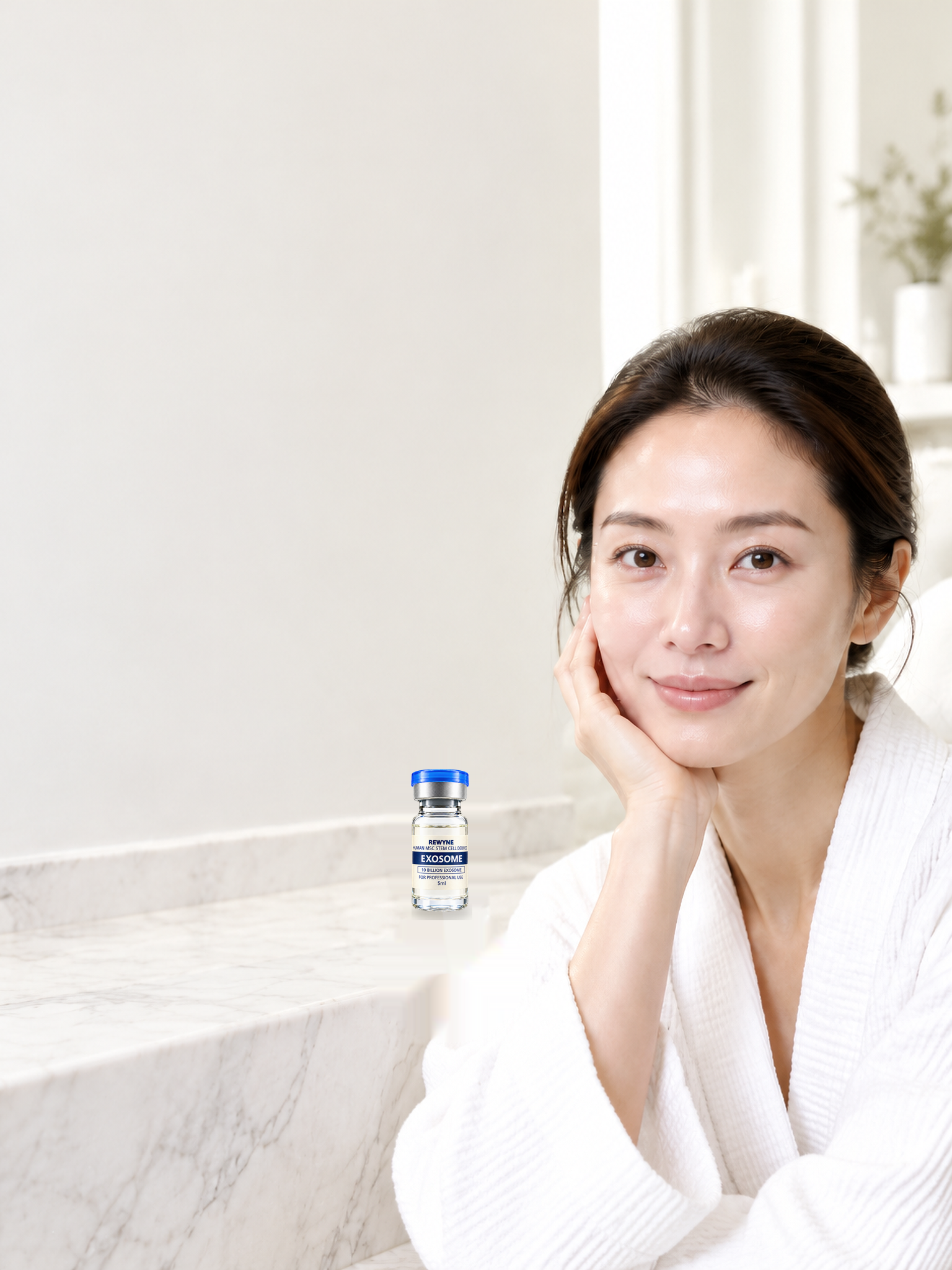 Adult Asian woman with a natural glow in a spa treatment room.
