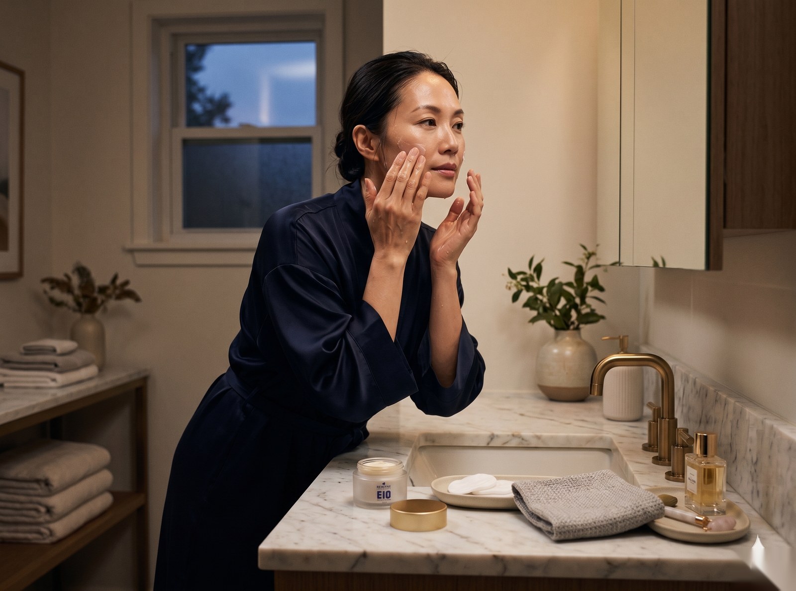 A nighttime skincare ritual with REWYNE exosome serum and cream