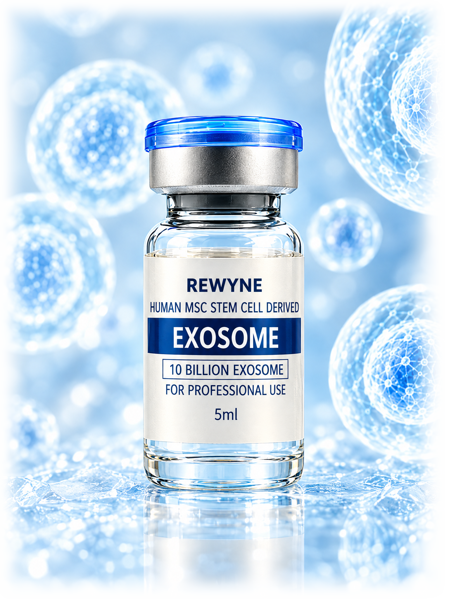 REWYNE 5ml liquid MSC exosome vial with blue flip-off cap and silver crimp